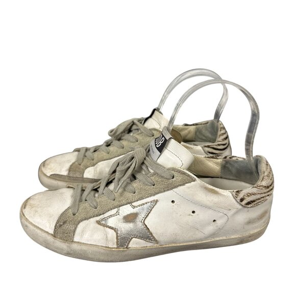 Golden Goose Superstar White Silver Pony Ziger Sneakers Leather Size 38 Womens - Picture 1 of 10